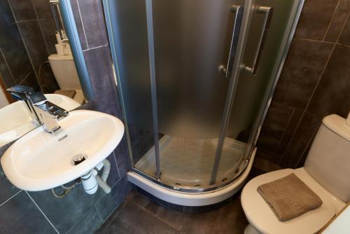 y baño con ducha, lavabo y aseo. en Chamonix Lodge, en Chamonix-Mont-Blanc