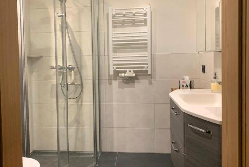 y baño con ducha acristalada y lavamanos. en Ferienwohnung Rügen in Samtens, en Samtens