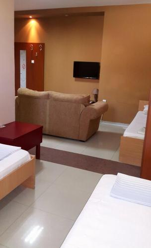 a living room with a couch and a tv at Hostel Paparazzo & Apartmens in Kikinda