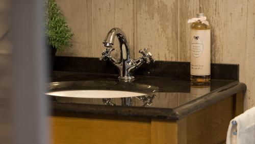a bathroom sink with a bottle of soap next to it at Château-ferme des Abys in Paliseul