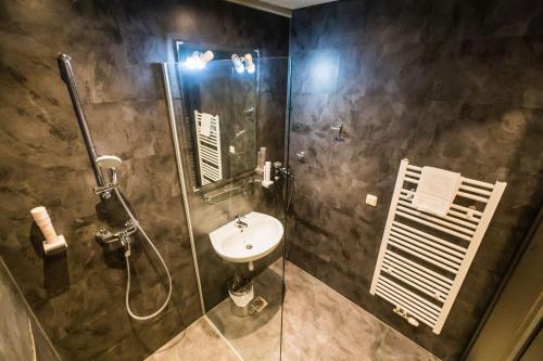 uma casa de banho com um chuveiro, um lavatório e um chuveiro em Basekamp Mountain Budget Hotel em Katschberghöhe
