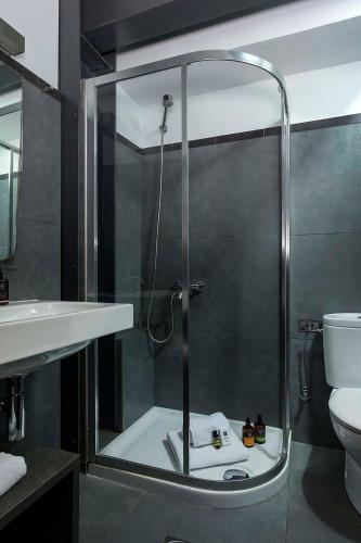 a bathroom with a shower with a sink and a toilet at Familia in Vathi, Ithaka