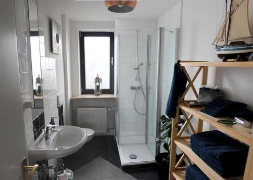uma pequena casa de banho com um lavatório e um chuveiro em MitZeit 3 - 95qm inklusive Balkon em Augsburg