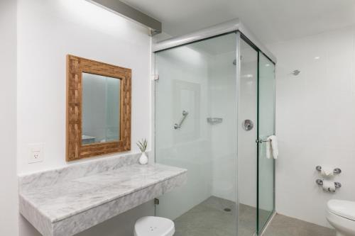 a bathroom with a shower and a sink and a mirror at Posada Real Ixtapa in Ixtapa