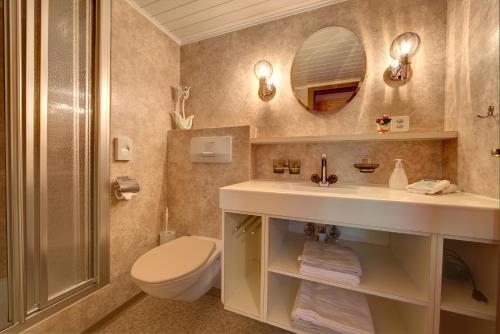 a bathroom with a sink and a toilet and a mirror at Waldgasthaus Lehmen in Weissbad