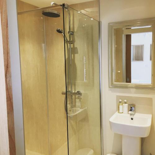 a bathroom with a shower and a sink at Hayloft Cottage in Durham