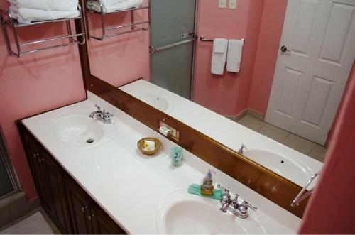a bathroom with a sink and a mirror and a tub at Piarco Village Suites in Piarco