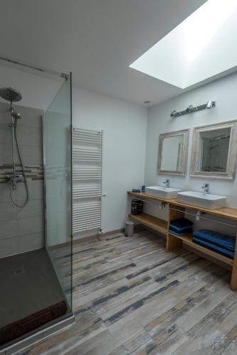 une salle de bain avec une douche en verre et un lavabo dans l'établissement La Vigneraie de Laura: Gîte Entre Vignes et Chênes, à Sainte-Colombe