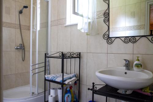 バラトンマーリアフュルドゥーにあるFamilia Nyaraló 3のバスルーム(シンク、シャワー、鏡付)