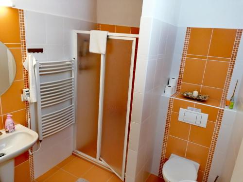 Prostřední LánovにあるApartmán FuFuのシャワー、トイレ、洗面台を備えたバスルーム