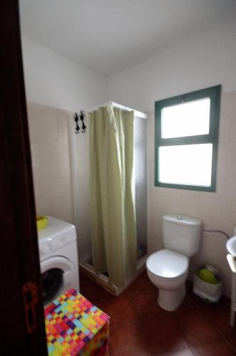 a bathroom with a toilet and a washing machine at Casa Caballería in Vallebrón