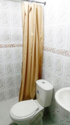 a bathroom with a toilet and a shower curtain at Hotel Casa Guillermo in Bogotá