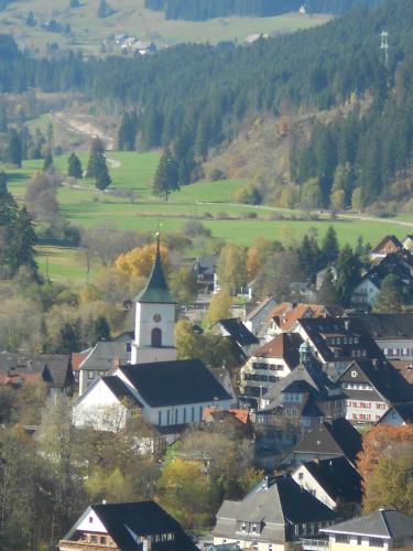 a small town with a church in a valley at Lenzkircher Hof in Lenzkirch