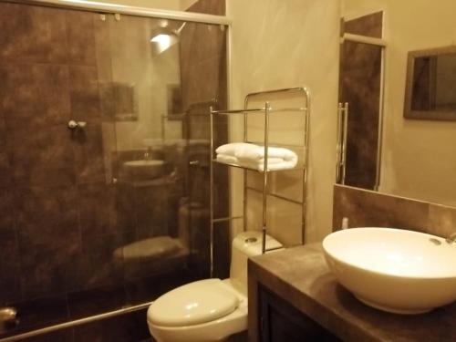 a bathroom with a toilet and a sink and a shower at Casa Falleri Boutique Hotel in Lima