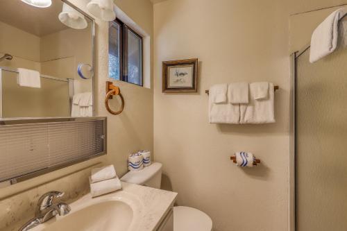 a bathroom with a sink and a toilet and a mirror at Water's Edge Retreat in Shaver Lake