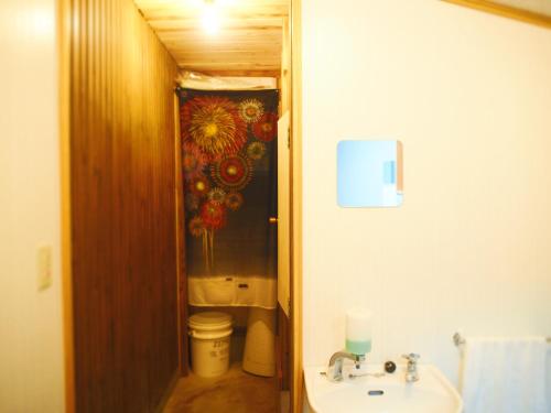 a bathroom with a sink and a toilet with a painting on the wall at TRIP BASE COCONEEL in Akiyoshi