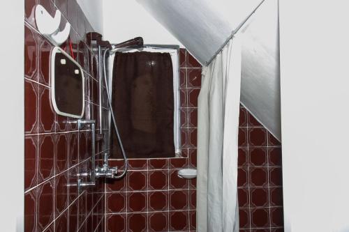 バラトンフェニヴェシュにあるFamilia Nyaraló 87の赤いタイル張りのバスルーム(シャワー付)