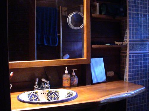 a bathroom counter with a sink and a mirror at La Ceiba Reserva Natural in Puerto Viejo