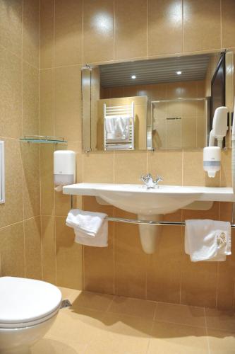 La salle de bains est pourvue d'un lavabo et de toilettes. dans l'établissement Family Hotel Edia-Sandanski, à Sandanski