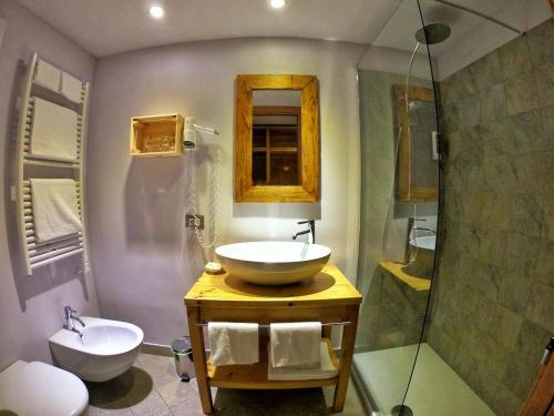 bagno con lavandino e doccia di La Tresenda Hotel and Mountain Farm a Livigno