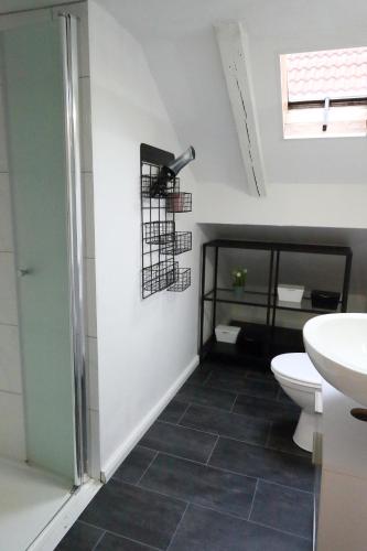 a bathroom with a toilet and a sink at Ferienwohnung Stöckel 2 in Cuxhaven