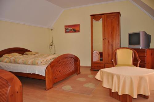 a bedroom with a bed and a tv and a chair at Jázmin Panzió in Hajdúszoboszló