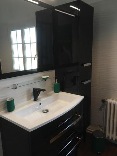 une salle de bain avec un lavabo et un grand miroir dans l'établissement Maison *** 400m plage du sillon et thermes marins, à Saint-Malo