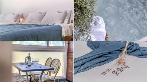 a collage of four pictures of a bed and a table at Mokkoji Pension in Hadong