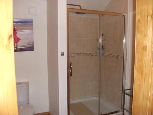 um chuveiro com uma porta de vidro na casa de banho em Withersdale Cross Cottages em Mendham