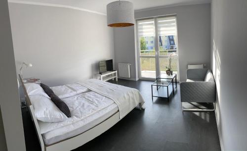 希維德尼察的住宿－APARTAMENT ŚMIAŁEGO 9，卧室配有床、椅子和窗户。