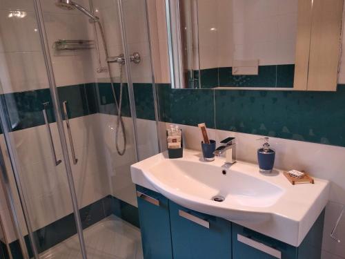 La salle de bains est pourvue d'un lavabo et d'une douche. dans l'établissement Villa Fiori, à Malcesine