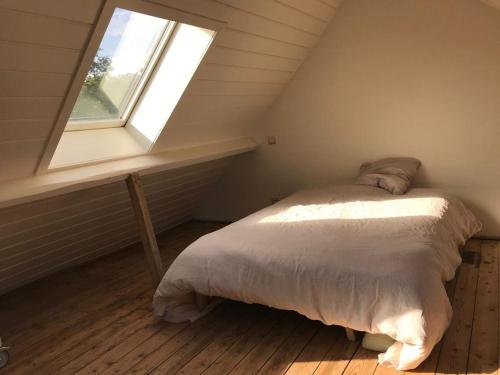 łóżko w pokoju z oknem w obiekcie Studio Minerva w Antwerpii