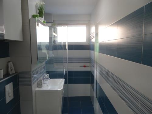 uma casa de banho com um lavatório branco e azulejos azuis em Apartman Anja em Karlovac