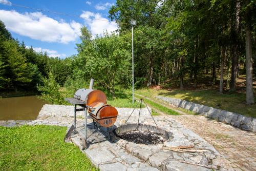 a grill sitting on top of a stone field at Hájovna Hněvnice in Hněvnice