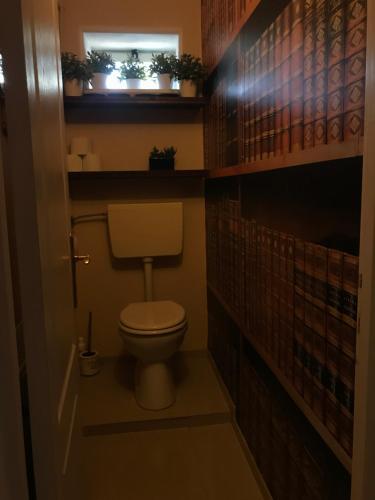 a small bathroom with a toilet and a window at CHALET Craiova in Craiova