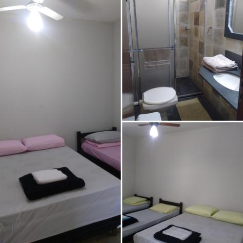 two pictures of a bathroom with a toilet and a shower at Sollarium GINI Suítes in Guarapari