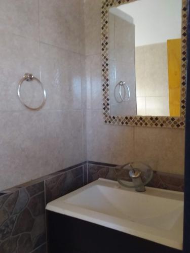 a bathroom with a sink and a mirror at La Allandesa in Cavalango