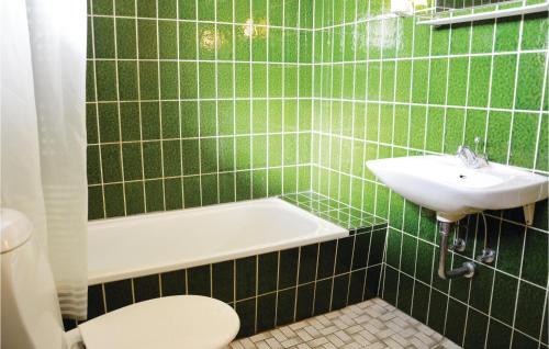 Baño de azulejos verdes con lavabo y aseo en Vejlgrd, en Nørre Lyngvig