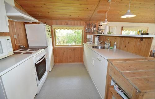 a kitchen with white appliances and a wooden ceiling at Holiday Home Birkely Nysted Denm in Nysted