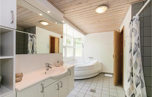 a bathroom with a tub and a sink and a toilet at Rubinsen Skovhuse in Tofte