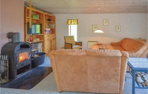 a living room with a couch and a fireplace at Holiday Home Veslos With Fireplace I in Højstrup