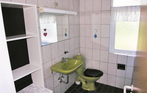 a bathroom with a green toilet and a sink at Awesome Home In Hirtshals With 3 Bedrooms, Sauna And Wifi in Hirtshals