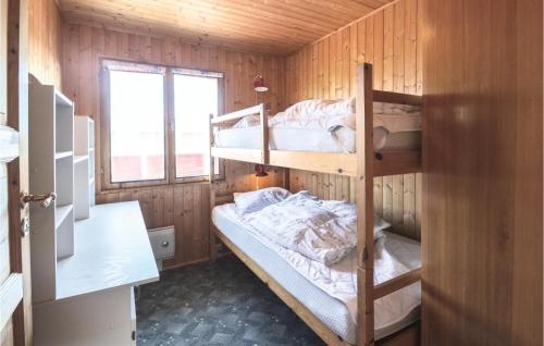 Lild StrandにあるAmazing Home In Frstrup With 3 Bedrooms And Saunaのキャビン内の二段ベッド2台が備わる客室です。
