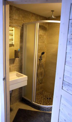 a bathroom with a shower and a sink at DP Art Residence - self check in in Kaunas