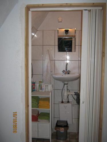y baño con lavabo y microondas. en Augustinern 26, en Quedlinburg