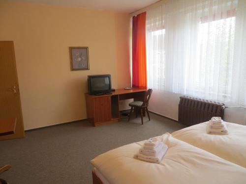 a hotel room with two beds and a desk with a television at Heidehotel Letzlingen in Letzlingen