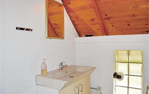 a bathroom with a sink and a wooden ceiling at Humlebo in Thorsminde