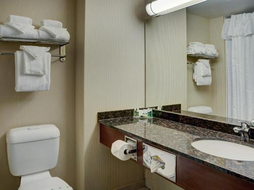 uma casa de banho com um WC, um lavatório e um espelho. em Lakeview Inns & Suites - Slave Lake em Slave Lake