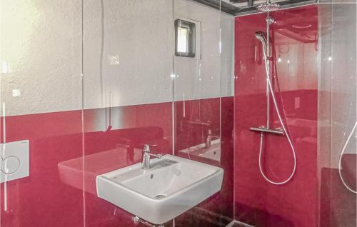 uma casa de banho com um lavatório e um chuveiro em Ferienhaus Deutsch Schuetzen em Eisenberg an der Pinka