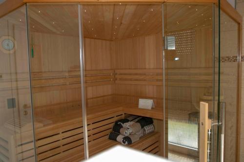 a sauna with wooden paneling and a glass wall at Design Apartment Harz-Relax in Harzgerode